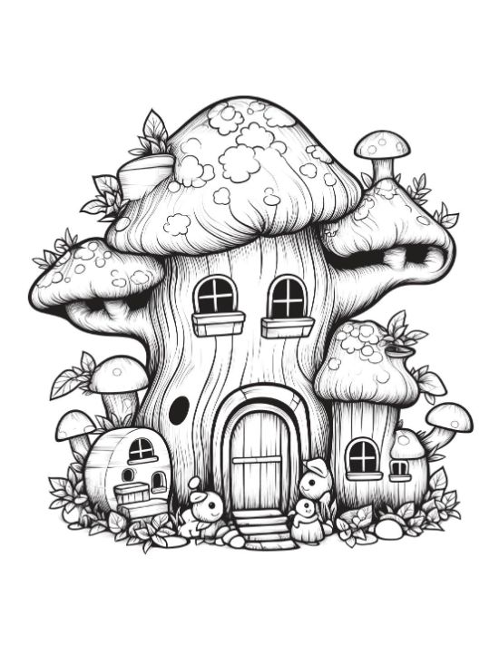 A mushroom house topped with toadstools