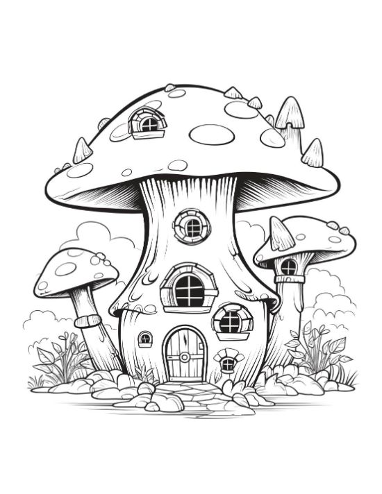 A whimsical fairy house among toadstools