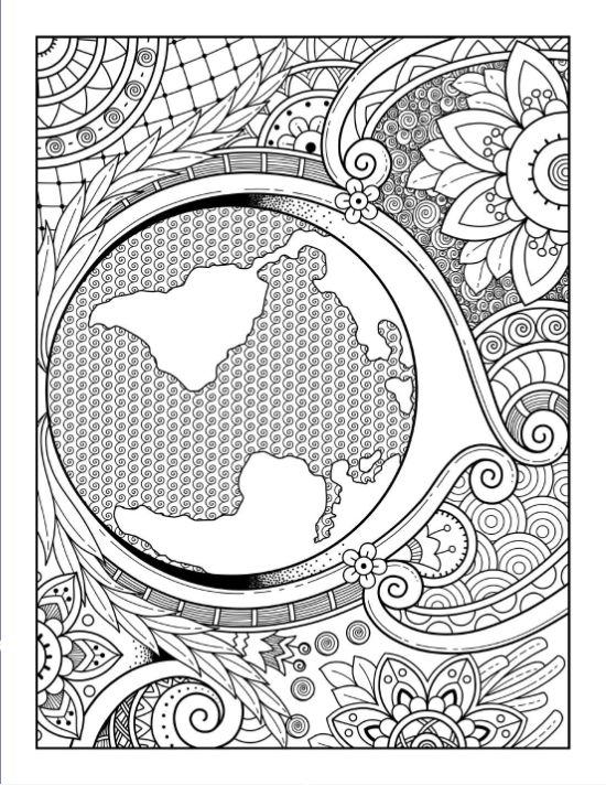 Earth globe surrounded by intricate floral patterns and swirling mandalas in a detailed adult coloring page.