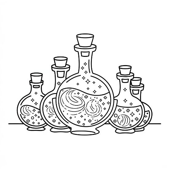 Magic potion bottles with swirling liquid and sparkling stars for a mystical themed coloring page.
