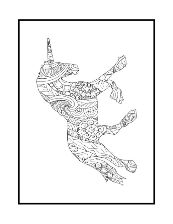 Prancing unicorn silhouette filled with intricate floral patterns and swirling geometric designs mandala