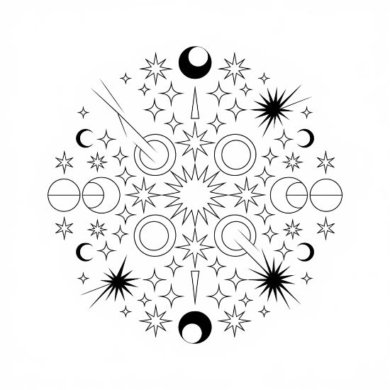 Celestial circular arrangement featuring stars and crescent moons in a symmetrical pattern coloring sheet.