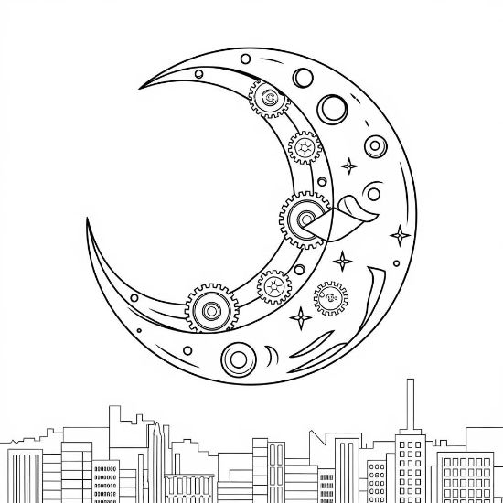Crescent moon with steampunk gears hovering over a city skyline in this steampunk coloring sheet.