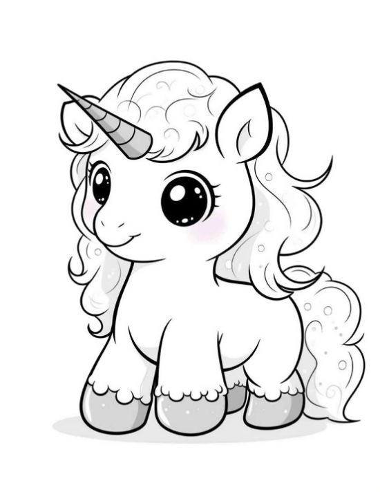 Adorable baby unicorn with large eyes and a curly mane in a simple bold and easy.