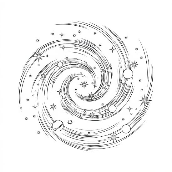 Spiral galaxy with stars and planets in a swirling celestial design space coloring page