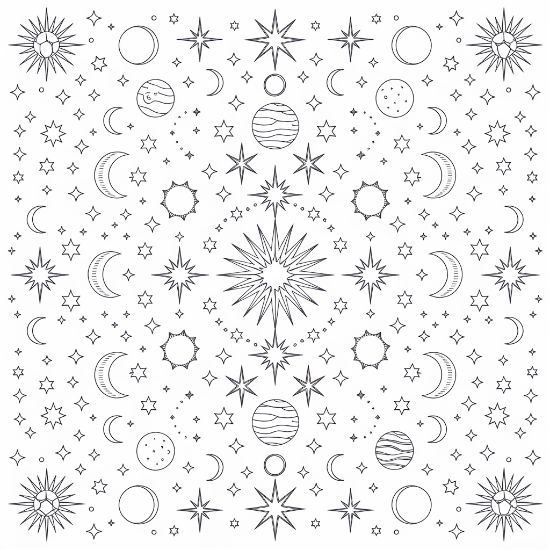 Symmetry of stars, moons, and planets creates a celestial pattern in this intricate space themed mandala.