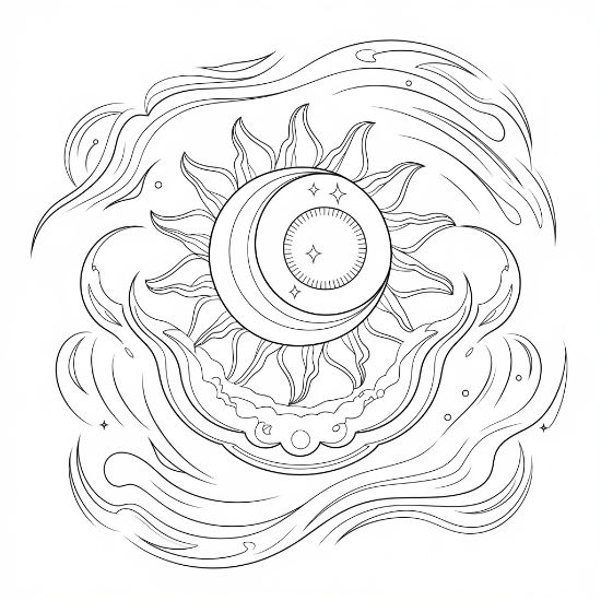 Celestial sun and moon design surrounded by mystical swirling clouds and stars in this detailed coloring page.