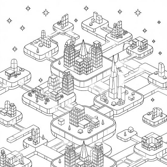 Isometric floating city featuring geometric buildings and interconnected platforms under a starry sky coloring sheet.