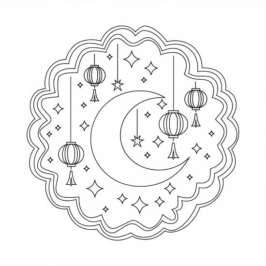 Crescent moon surrounded by hanging lanterns and twinkling stars in a celestial themed mandala