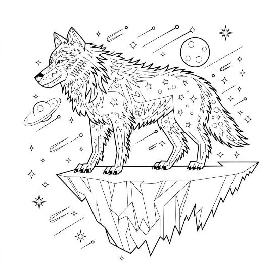 Celestial wolf standing on a floating cliff surrounded by stars and planets in this intricate coloring page.