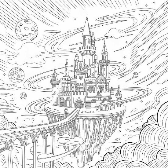 Intricate floating castle surrounded by cosmic rings, planets, and celestial clouds in a detailed fantasy coloring page.