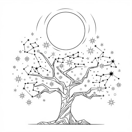 Celestial tree silhouette featuring starry constellations and a full moon in this detailed celestial coloring page.
