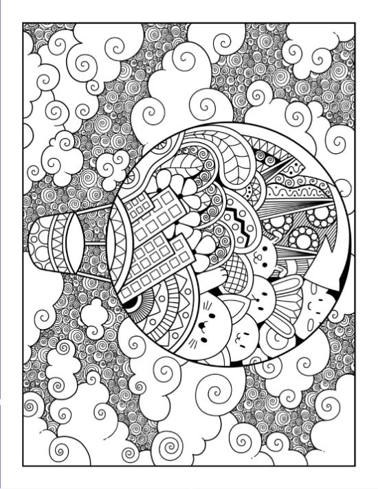 A whimsical hot air balloon filled with doodle patterns floats through a sky of swirl clouds coloring sheet.