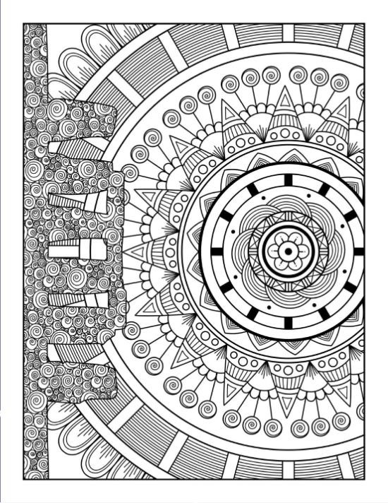 Intricate circular pattern with geometric shapes and swirling details creates a complex and meditative adult coloring page.