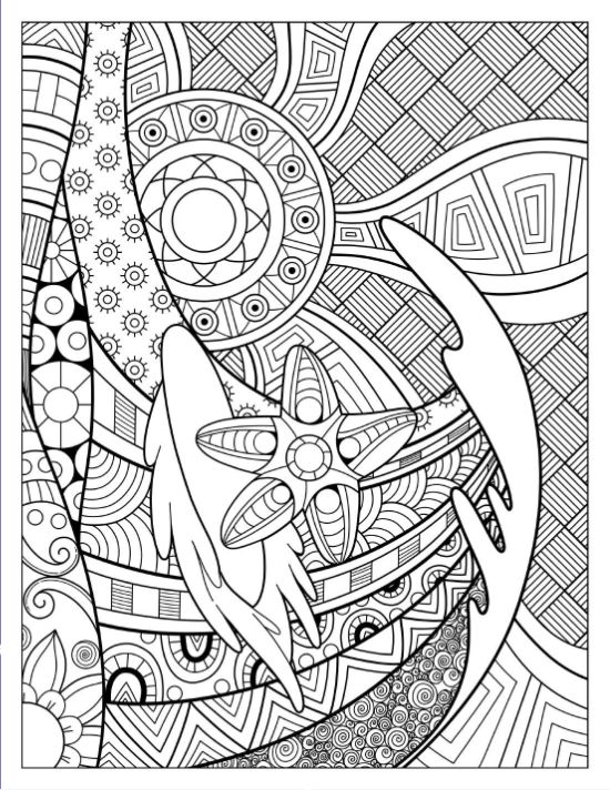 Intricate starfish and sea shell set against a zentangle underwater background in this detailed coloring page.
