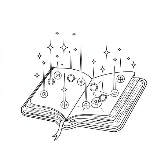 An open magic book with glowing mystical symbols and sparkling stars on a fantasy coloring page.