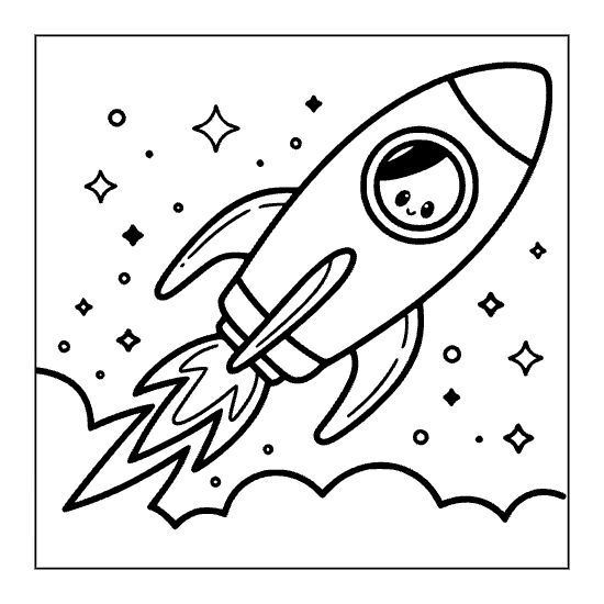 A cute rocket ship with a happy pilot soaring through a galaxy of stars bold and easy.