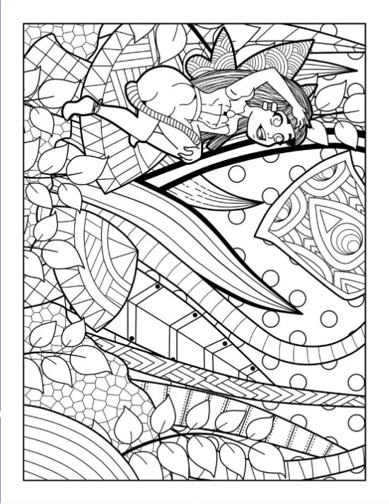 A smiling fairy reclining among patterned leaves and intricate geometric abstract shapes on a detailed coloring page.