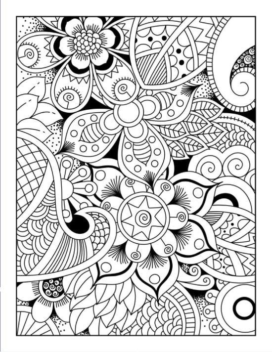 Intricate floral patterns and paisley swirls create a detailed zentangle design in this adult coloring page.