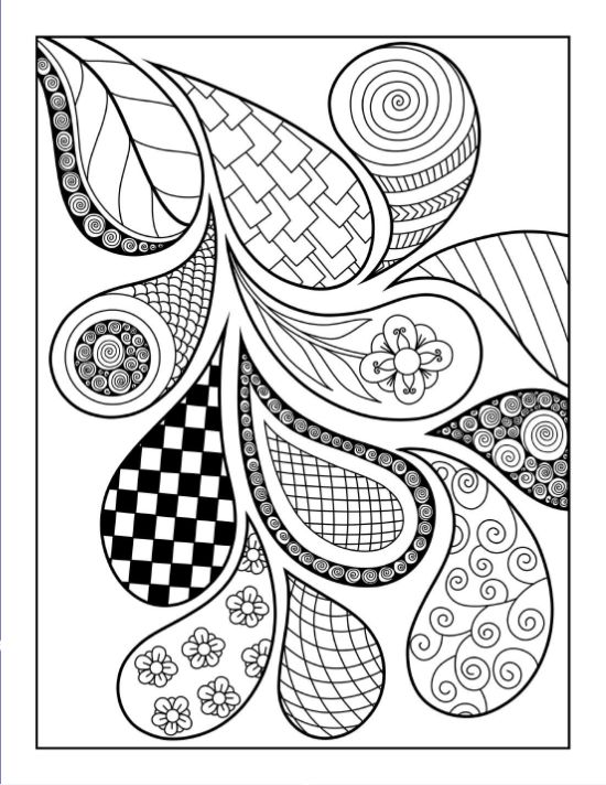 Abstract zentangle pattern featuring teardrop shapes with checkers, swirls, and floral details on a creative coloring page.