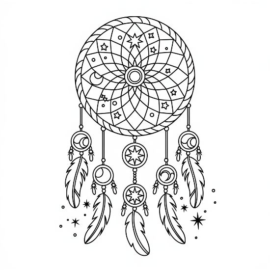 A celestial dreamcatcher with stars, crescent moons, and hanging feathers makes an intricate adult coloring page.