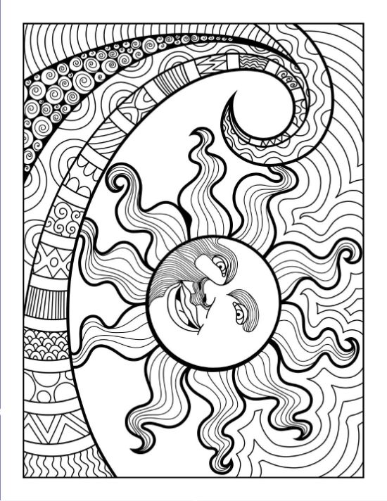 A celestial sun featuring a face and wavy rays surrounded by intricate zentangle patterns on a coloring sheet.