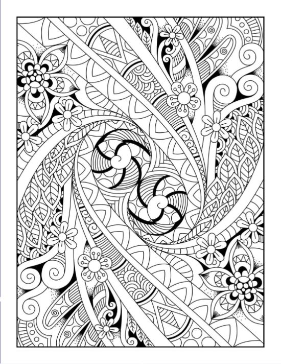 Intricate abstract swirls with floral and geometric patterns fill this detailed zentangle-inspired adult coloring page.