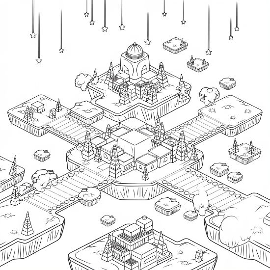 Isometric fantasy city floating on islands under hanging stars for a detailed adult coloring page.