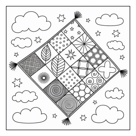 Patterned patchwork quilt floating among clouds and stars in a whimsical themed coloring page.