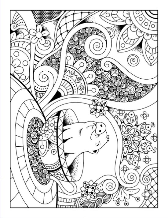A cute pig sitting in a teacup surrounded by whimsical swirls and floral patterns on a coloring sheet.