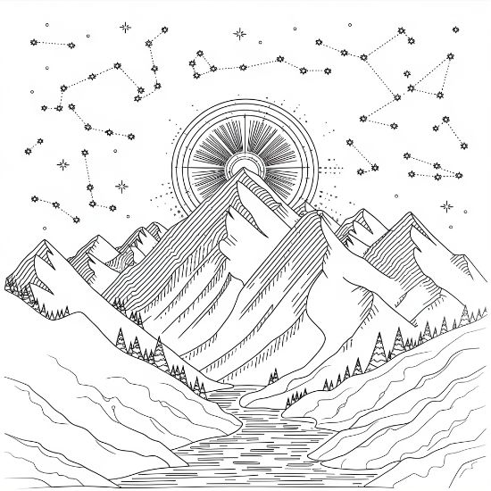 Mountain landscape with a geometric sun and constellations in the sky on a detailed coloring page.