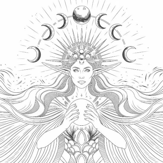 Celestial elf queen holding a glowing orb surrounded by moon phases and rays on this intricate coloring sheet.