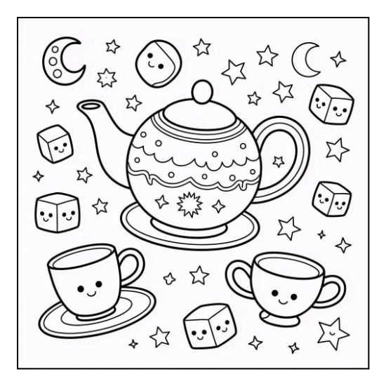 Whimsical tea set surrounded by smiling sugar cubes and celestial stars on a bold and easy coloring page.