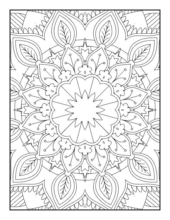 Intricate floral pattern featuring symmetrical leaves and scalloped petals in a detailed circular mandala