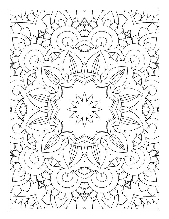 Intricate floral star design featuring symmetrical petals and swirling line art for this relaxation coloring sheet.