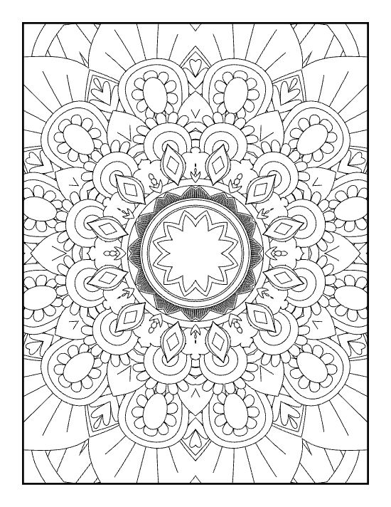 detailed intricate floral petal mandala design with a central star for coloring
