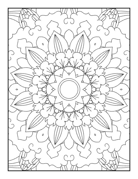 Symmetrical floral arrangement featuring pointed petals and circular center details in an intricate mandala