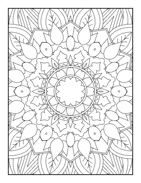 Intricate circular floral design with symmetric leaf and petal motifs on a detailed adult coloring sheet
