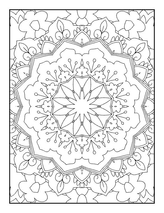 Circular floral design featuring symmetrical star and scalloped layers on a nature-themed background coloring page.