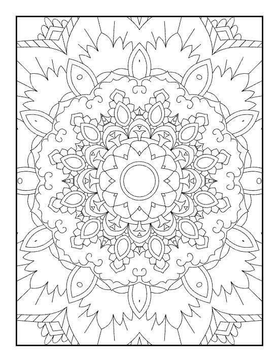 Intricate floral and geometric patterns bloom from the center of this detailed circular design coloring page