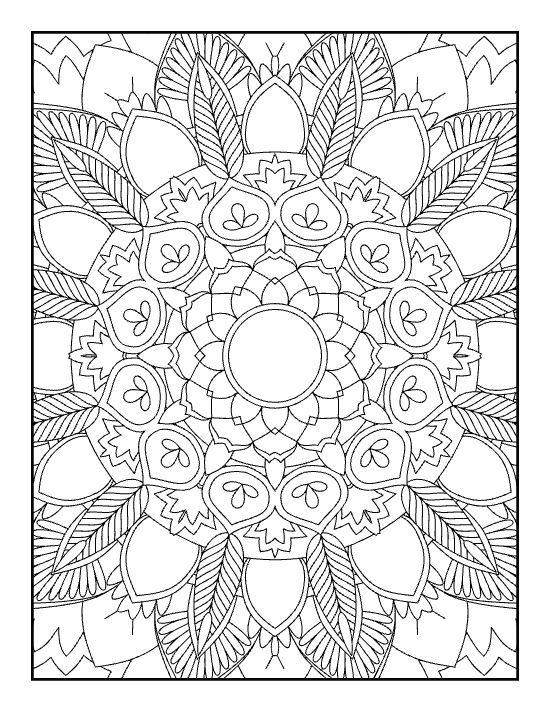Intricate floral mandala coloring page with concentric patterns and petal shapes.