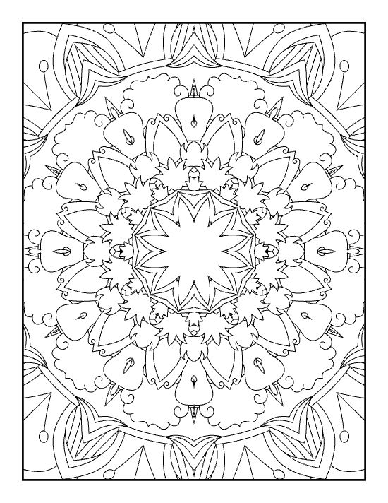 Intricate radial flower mandala featuring swirling petals for mindful coloring
