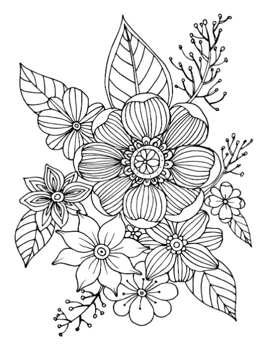 A beautiful assortment of flowers, leaves, and buds with intricate details, coloring page.
