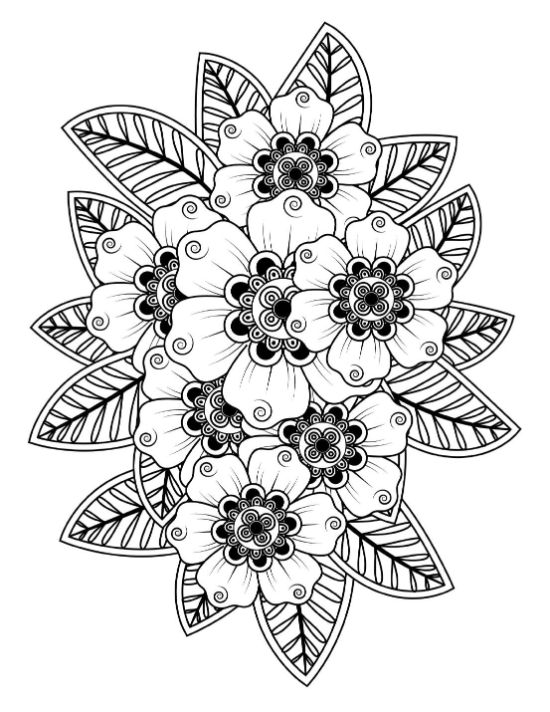 Intricate flower cluster with leaves and swirly details adult coloring page.