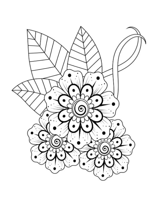 Detailed mehndi style flowers with dotted petals and spiraled centers, a coloring page.