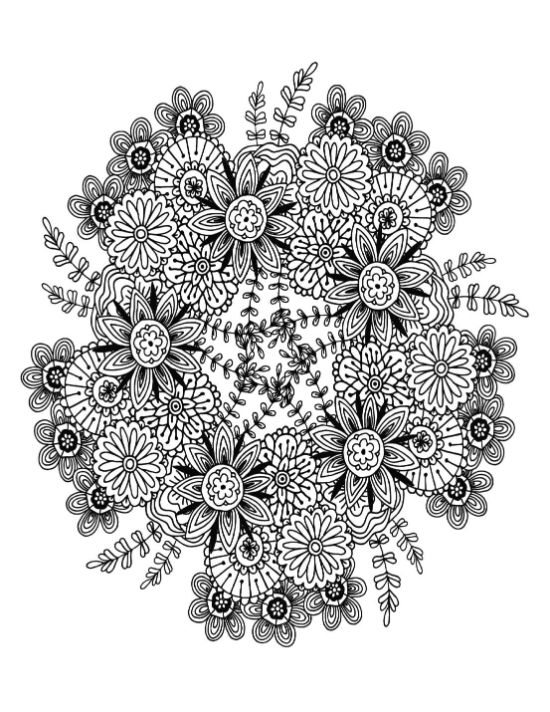 Floral mandala with diverse petals and leafy patterns coloring page.