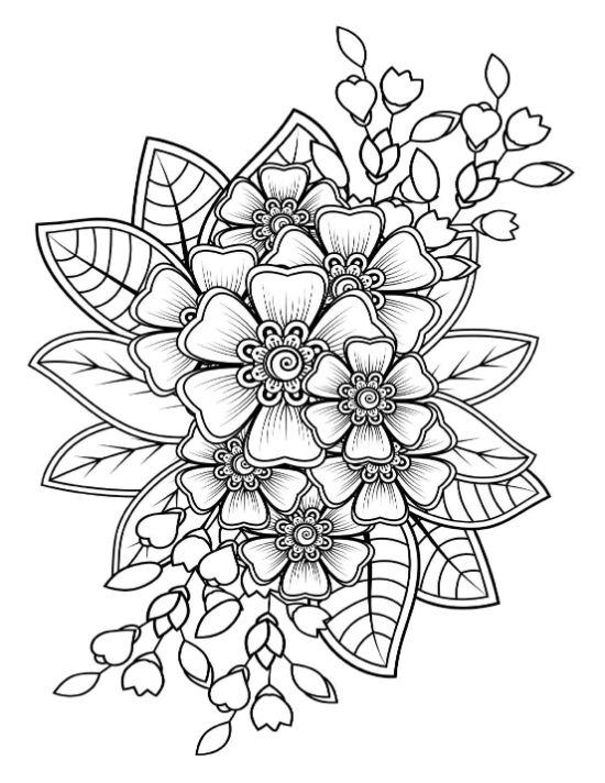 A beautiful floral bouquet with decorative leaves and blooming buds coloring page.