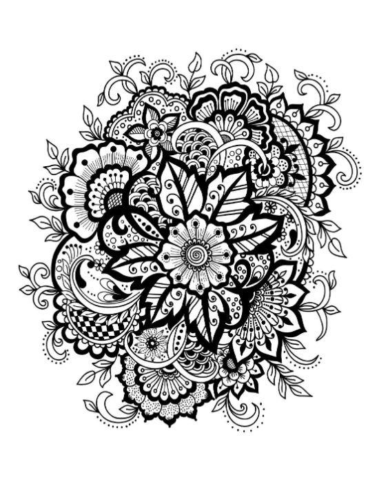 Intricate floral henna-style design with many detailed petals and leaves coloring page.