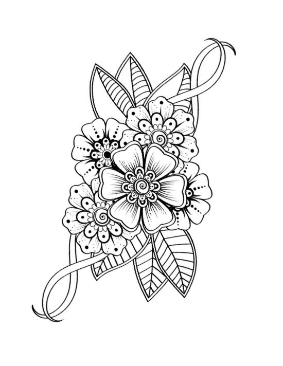 Detailed mehndi floral design with leaves and ribbon accents, coloring page.