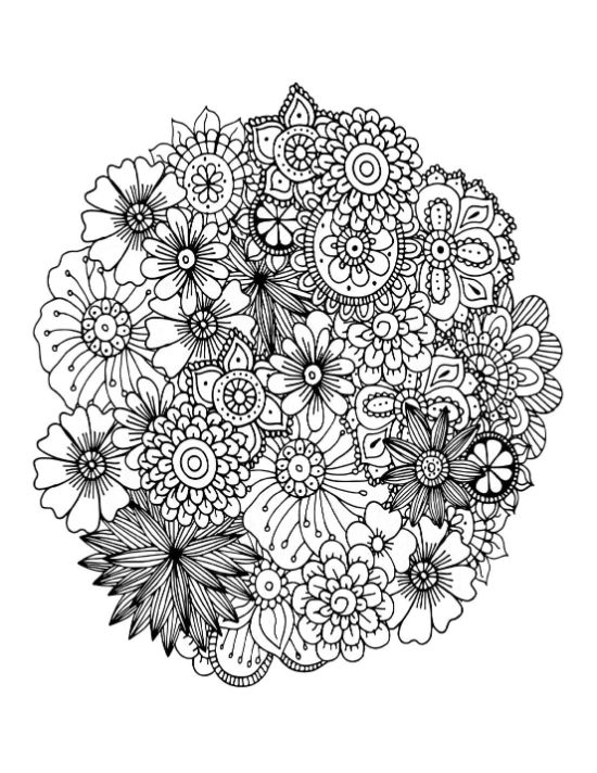 Floral mandala coloring page with intricate patterns, perfect for adults.